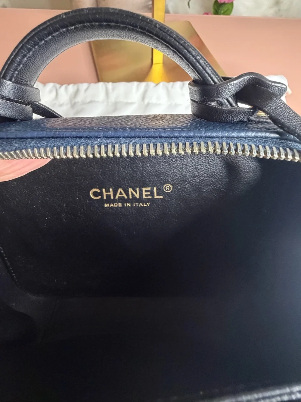 Chanel CC Filigree Small Vanity Case Navy & Black Caviar Leather Crossbody w/COA